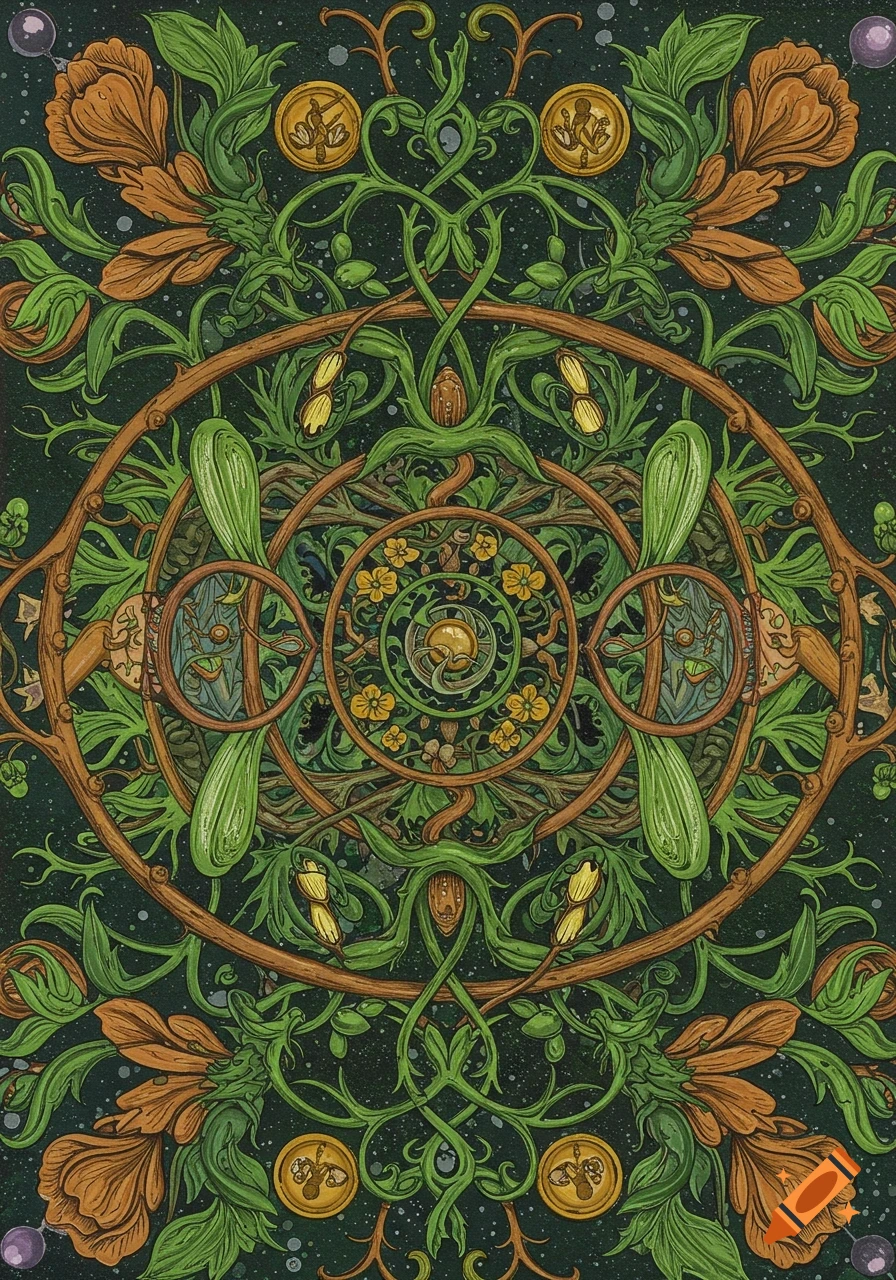 Intricate linocut illustration of green botanical patterns, orange flowers, and golden insect coins on a dark green background.