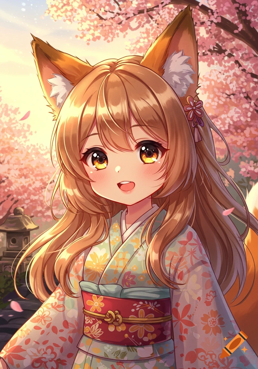 A cute anime girl with fox ears and long brown hair, wearing a floral kimono, stands smiling in a cherry blossom garden at sunrise.