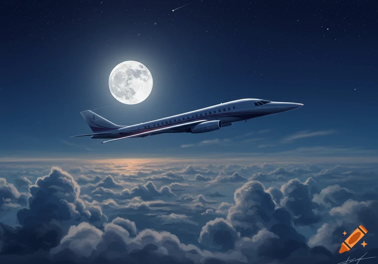 A sleek white airplane flies high above a layer of soft clouds under a starry night sky with a bright full moon.