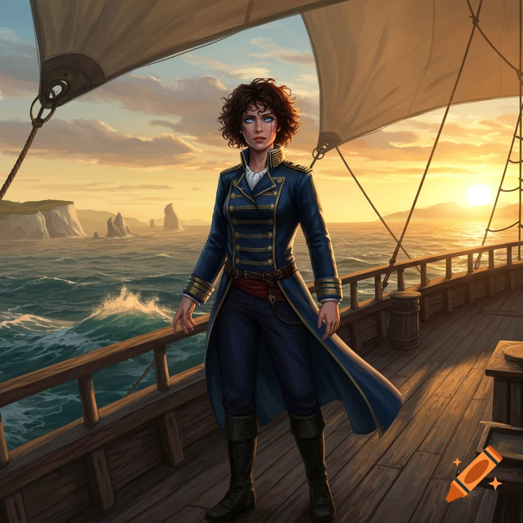 A female ship captain with curly brown hair and blue eyes stands on a ship deck at sunset, with an ocean and cliffs in the background.