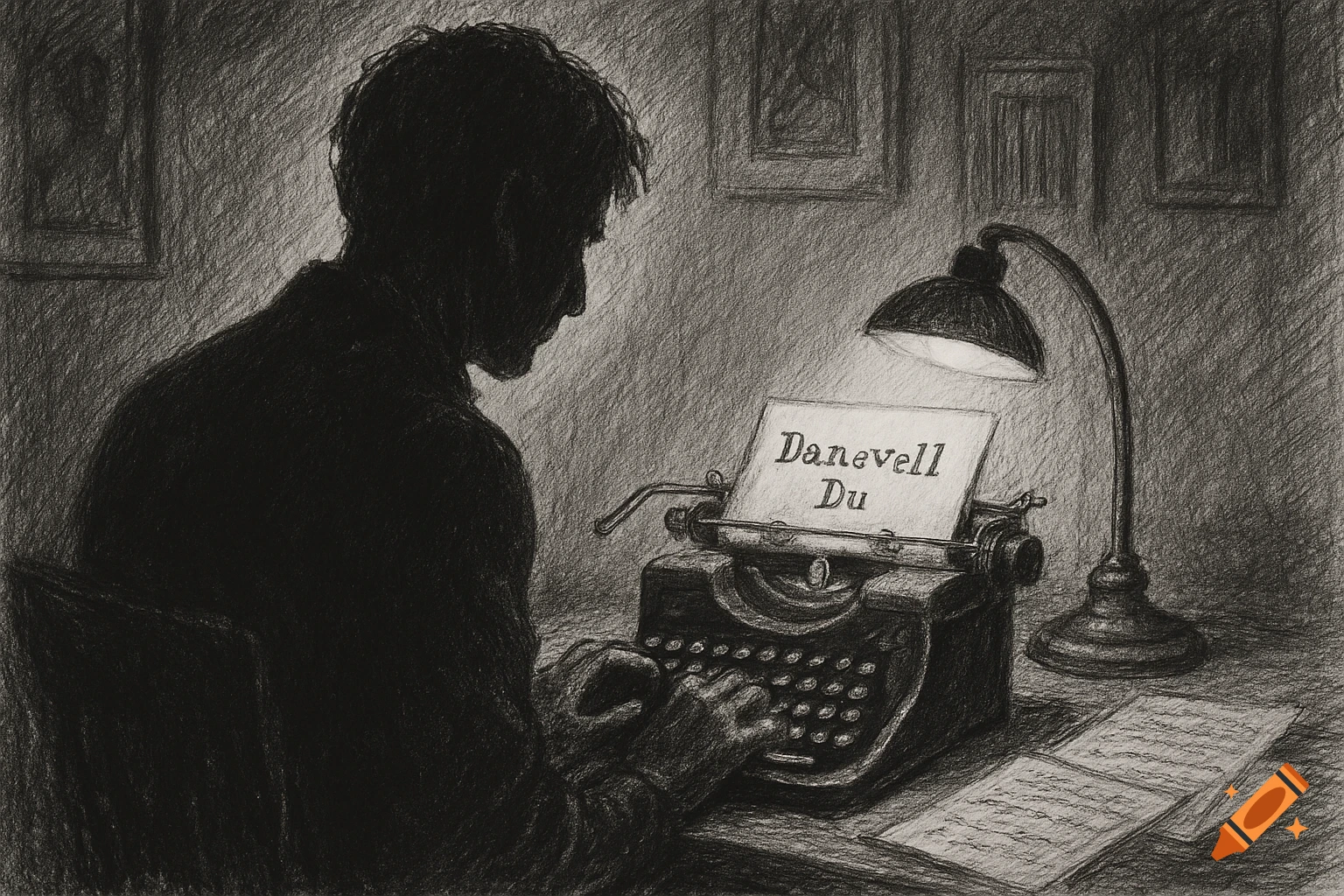 Black and white sketch of a man's silhouette typing 'Danevell Du' on a vintage typewriter at a desk, illuminated by a lamp.