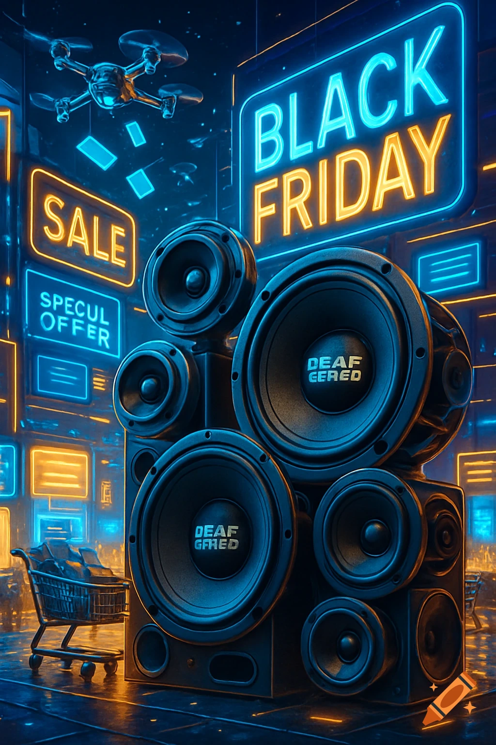 A futuristic Black Friday sale scene featuring large audio speakers, glowing neon signs, and a drone flying overhead.