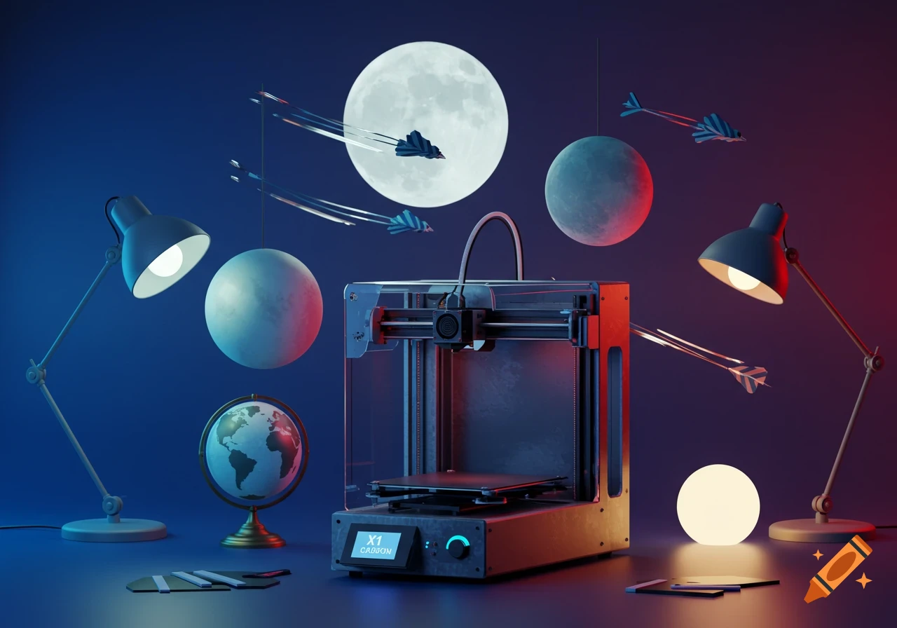 A stylized 3D render of a Bambu Lab X1 Carbon 3D printer surrounded by celestial bodies, desk lamps, and a globe on a desk.