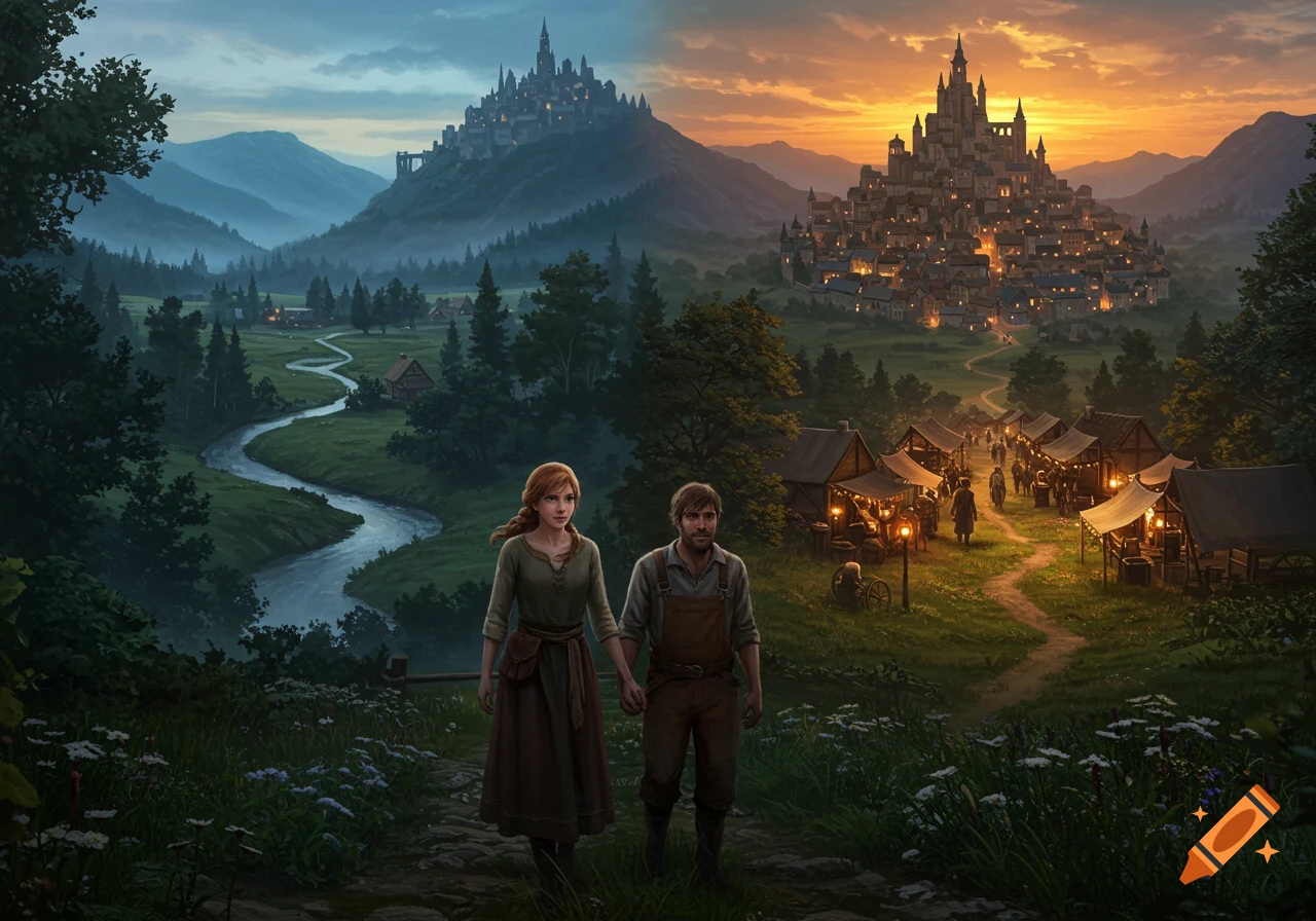 A man and woman walk a path through a fantasy landscape with two towns on hills, one bright and one illuminated at dusk, divided by a river.