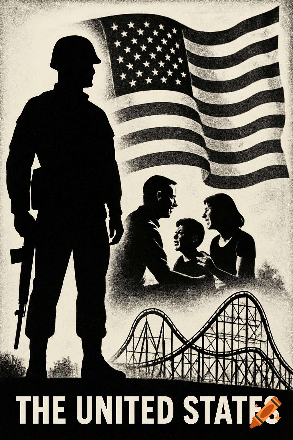 Black and white poster with a soldier silhouette, family, roller coaster, and American flag, labeled 'THE UNITED STATES'.