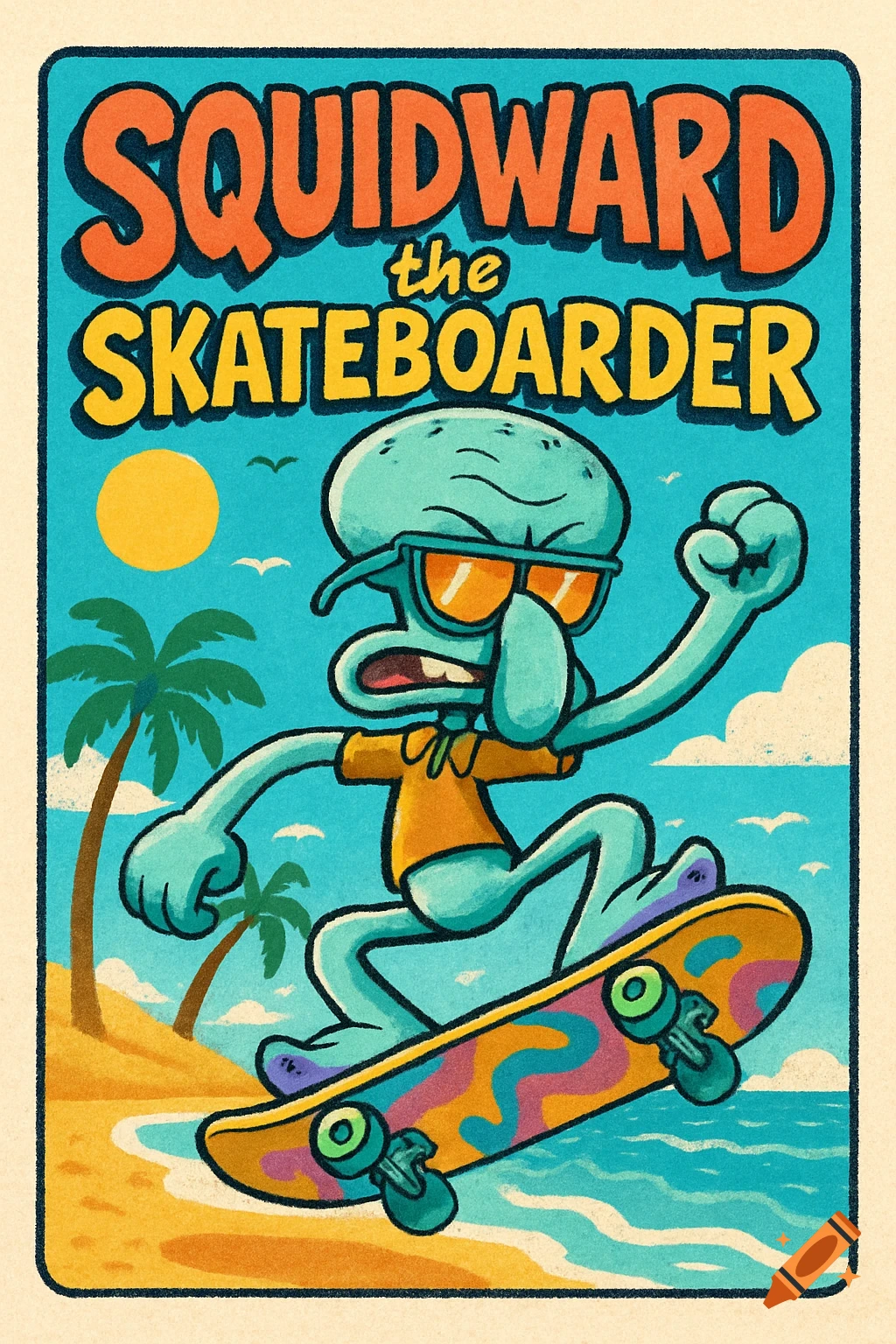 Retro style illustration of Squidward from SpongeBob SquarePants, wearing sunglasses, skateboarding on a beach.