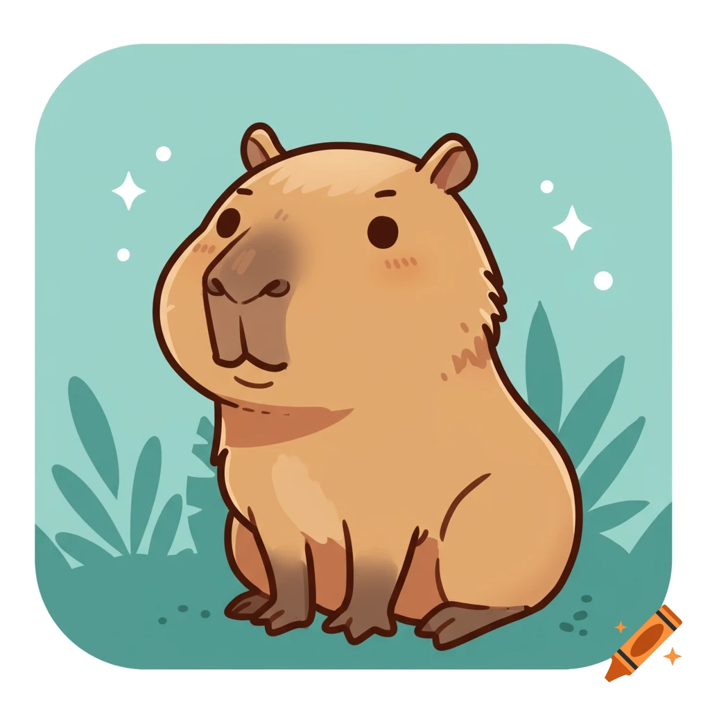 A cute cartoon capybara illustration with sparkling highlights, sitting on a light teal background with green foliage.