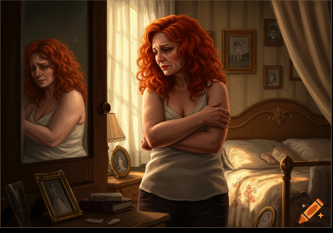 A sad, red-haired woman with crossed arms looks down, reflected in a mirror in a sunlit bedroom.