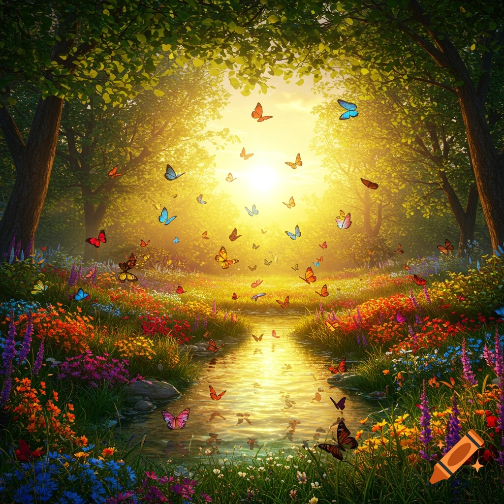A glowing, sunlit forest clearing with a stream, vibrant wildflowers, and numerous colorful butterflies in a paradise-like setting.