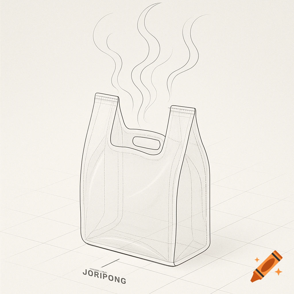 Line drawing of a transparent plastic bag with steam rising, 'JORIPONG' text below.