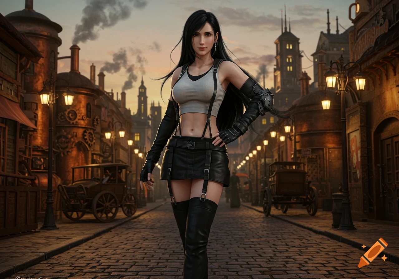 A photorealistic depiction of Tifa Lockhart in a steampunk city street at dusk.