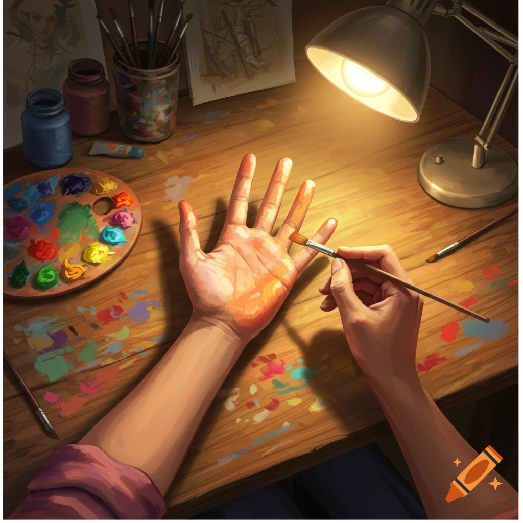 An overhead view of a person's hands, one painting the palm of the other, surrounded by art supplies on a wooden desk under a warm lamp.