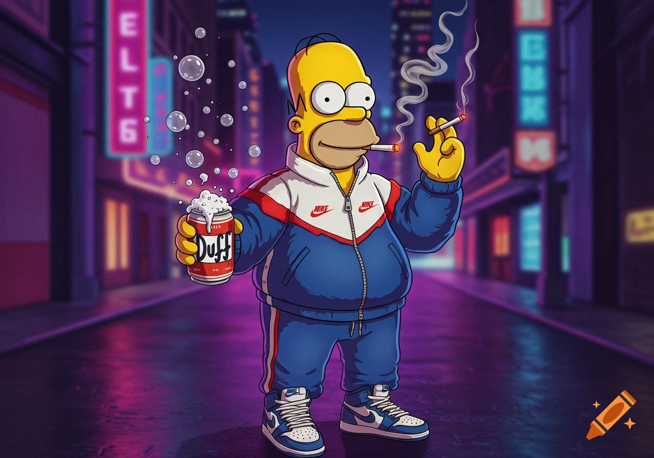 Homer Simpson in a blue, red, and white Nike tracksuit and Jordan sneakers, smoking a cigarette and holding a frothy can of Duff beer, standing on a neon-lit city street at night in a cartoon style.