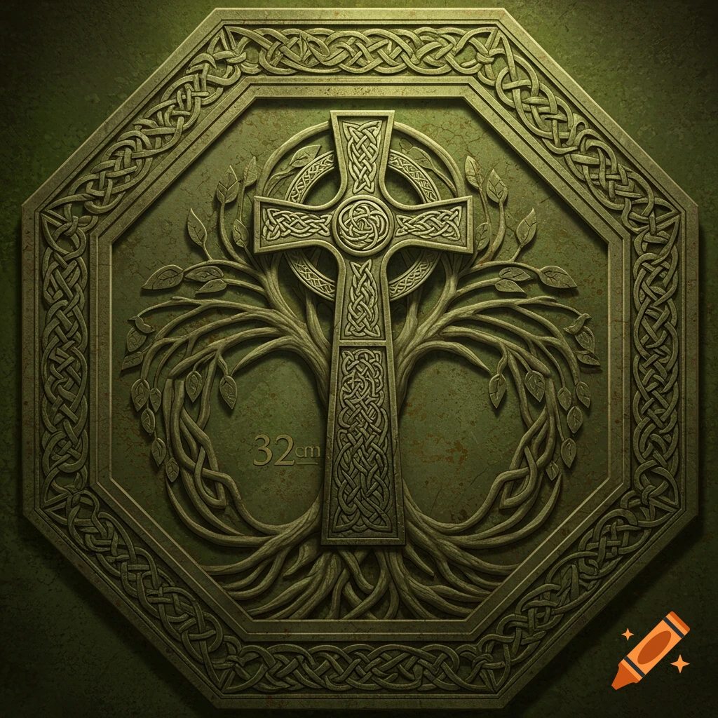 An intricate embossed Celtic cross and tree of life design within an octagonal frame adorned with Celtic knot patterns.