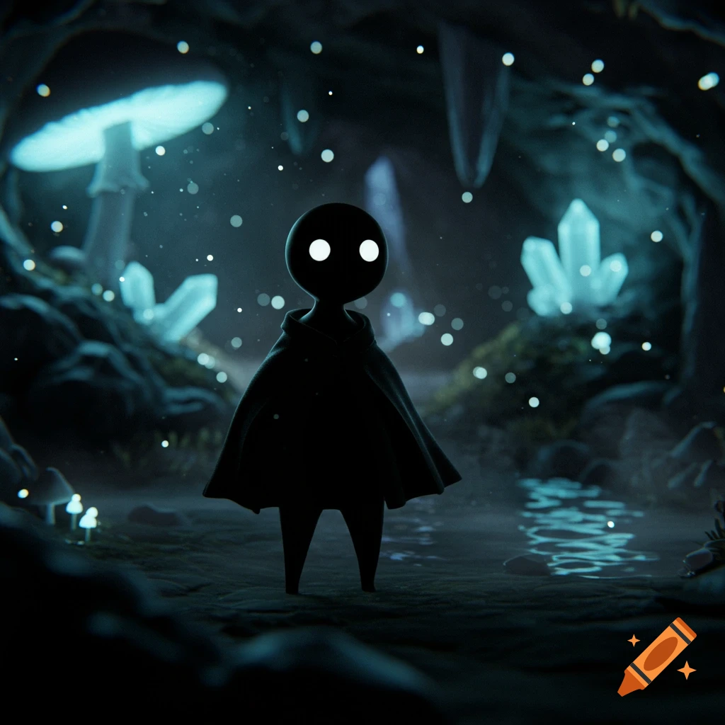 A dark, cloaked figure with glowing eyes stands in a mystical cave with luminous mushrooms and crystals, rendered in a lifelike style.