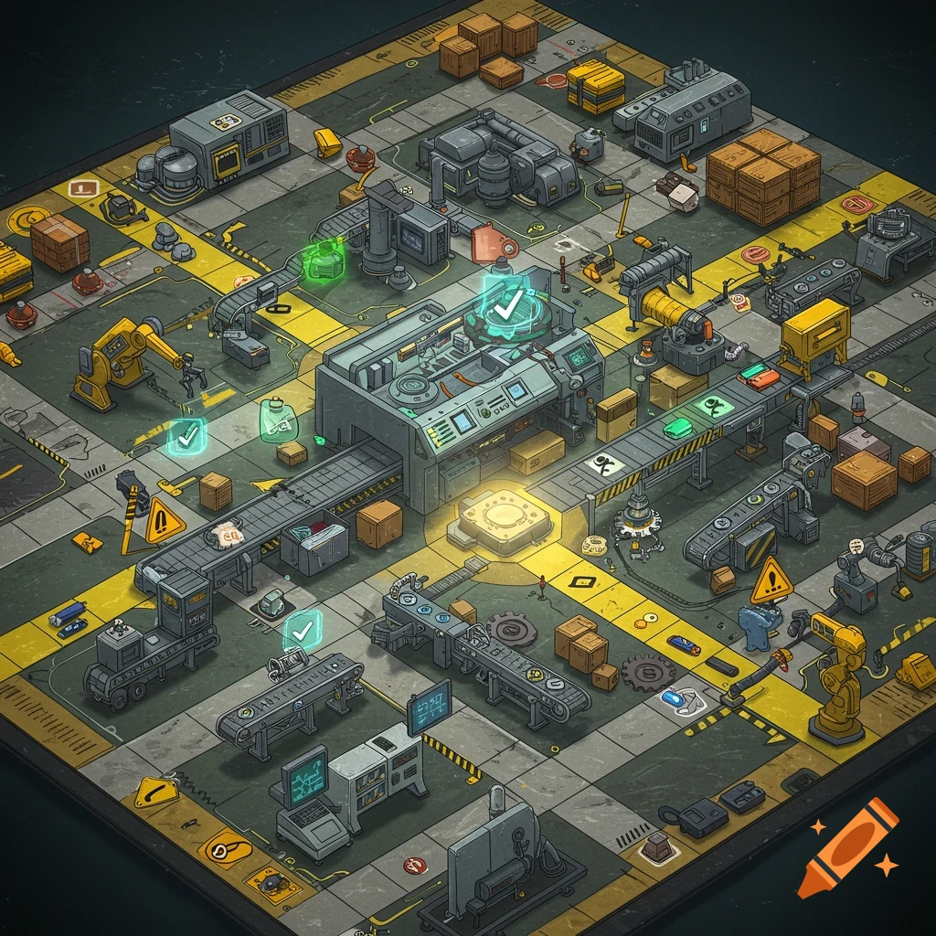 Isometric illustration of a manufacturing plant designed like a board game, with conveyor belts, machinery, robots, and quality control stations.