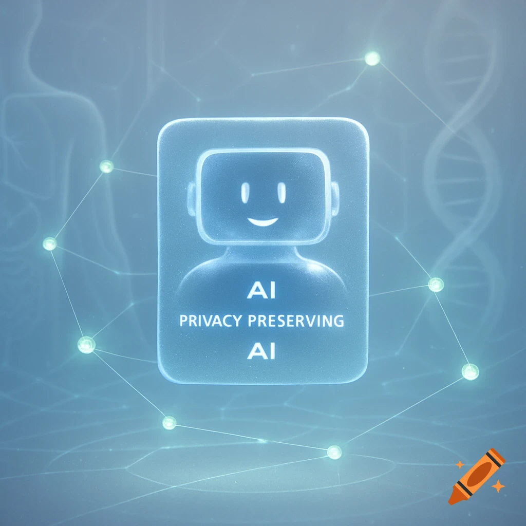 Glowing blue robot head icon with 'AI PRIVACY PRESERVING AI' text, on a light blue network background.