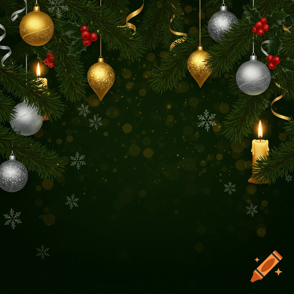 Festive digital art of pine branches with gold and silver ornaments, red berries, lit candles, and snowflakes on a dark green bokeh background.