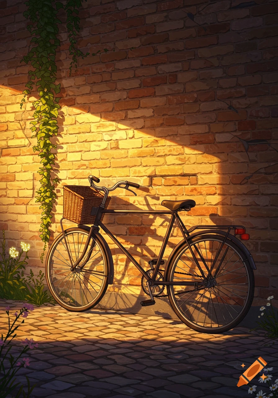 Anime-style black bicycle with a basket leaning against a sunlit brick wall with ivy on a cobblestone street.