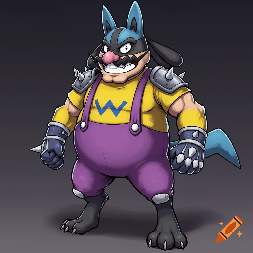 A muscular, cartoonish character blending Wario and Lucario, with a pink nose, mustache, yellow shirt with a W, purple overalls, armored spikes, and paw-like feet.