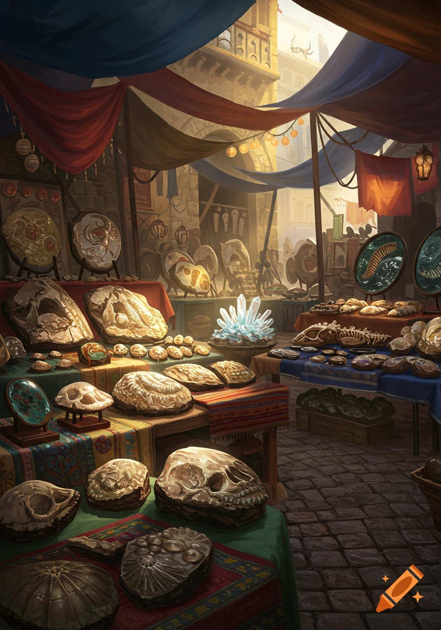 A fantasy market stall with colorful awnings displays a variety of ...
