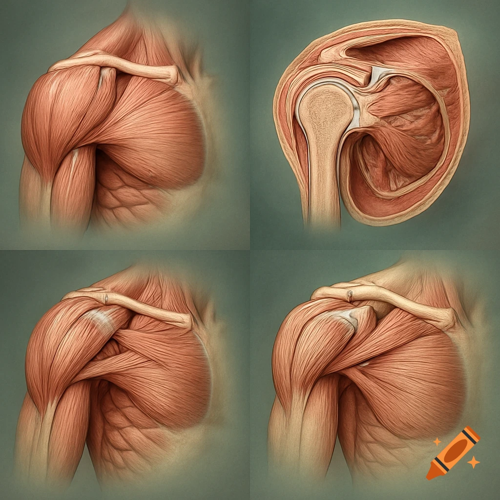 Four detailed medical illustrations showing different views of human shoulder anatomy, including muscles, bones, and a joint cross-section.