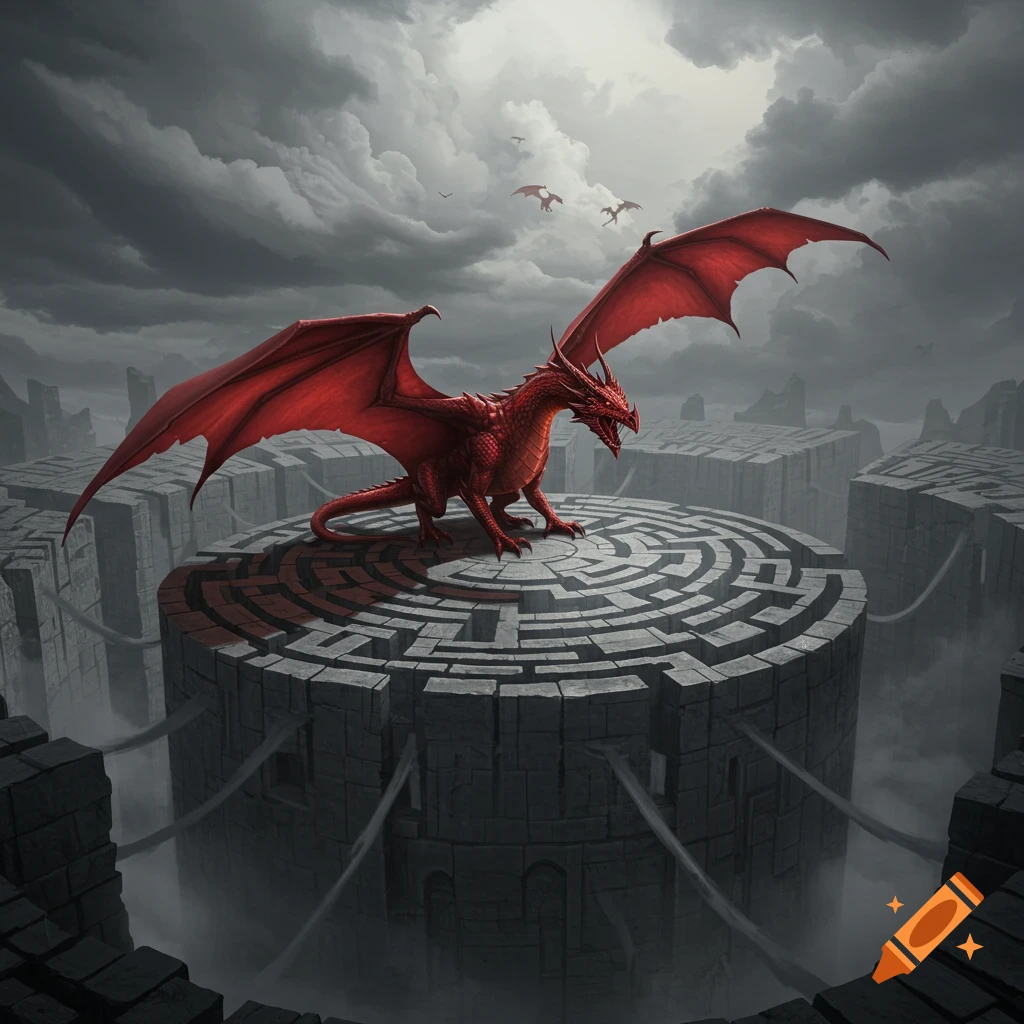 A majestic red dragon stands atop a circular stone maze amidst a misty landscape of gray structures under a dramatic cloudy sky.