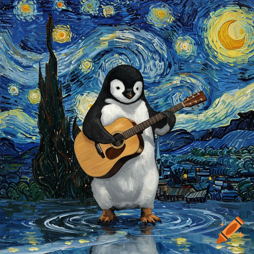 A penguin plays an acoustic guitar in a vibrant Van Gogh-style landscape with a starry night sky and water.