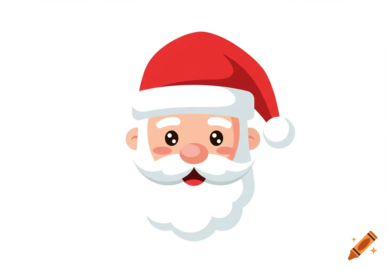 A cartoon illustration of Santa Claus's head with a red hat, white beard, and a smiling face.