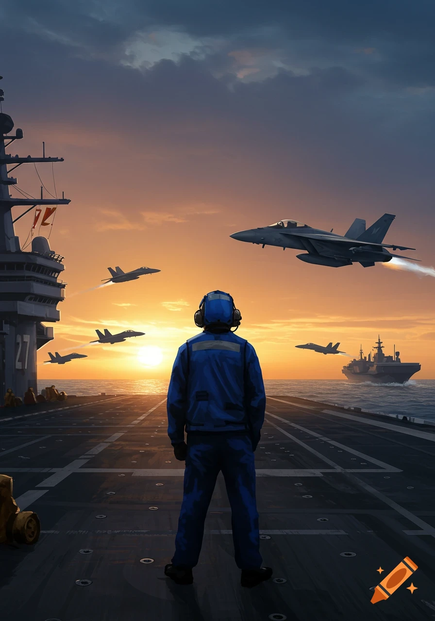 Rear view of a person in a blue flight suit and helmet on an aircraft carrier deck, watching fighter jets at sunset.
