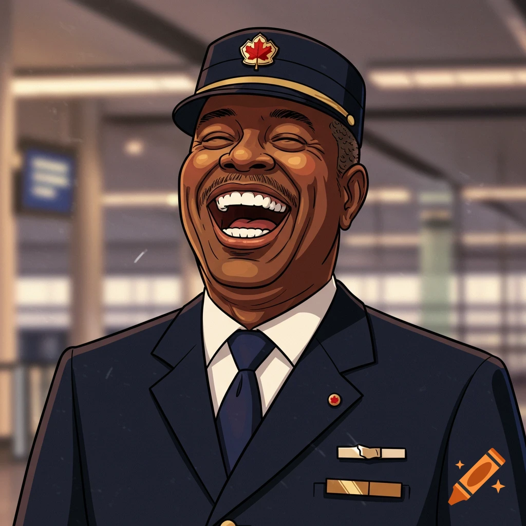 Cartoon portrait of an older Black man in a dark blue uniform with a Canadian maple leaf emblem, laughing joyfully.
