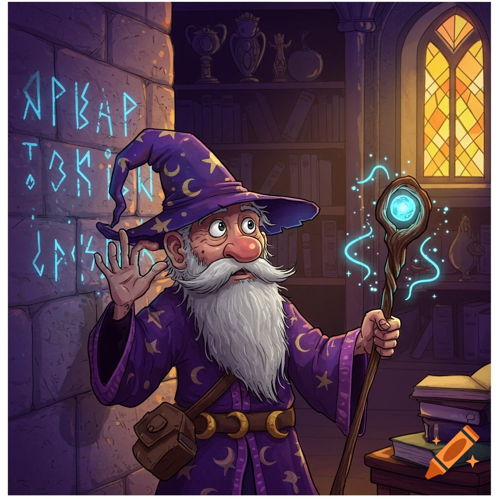 Cartoon wizard in purple robe and hat with stars and moons, looking surprised while holding a glowing staff next to a wall with glowing runes.