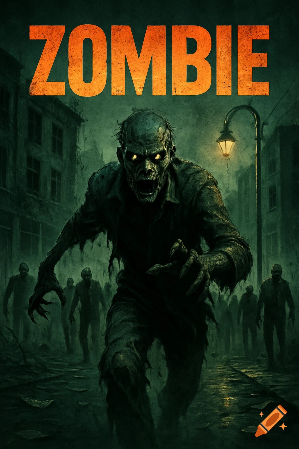 A dark, gritty movie poster features a zombie with glowing eyes lurching forward in a desolate city street, surrounded by other zombies.