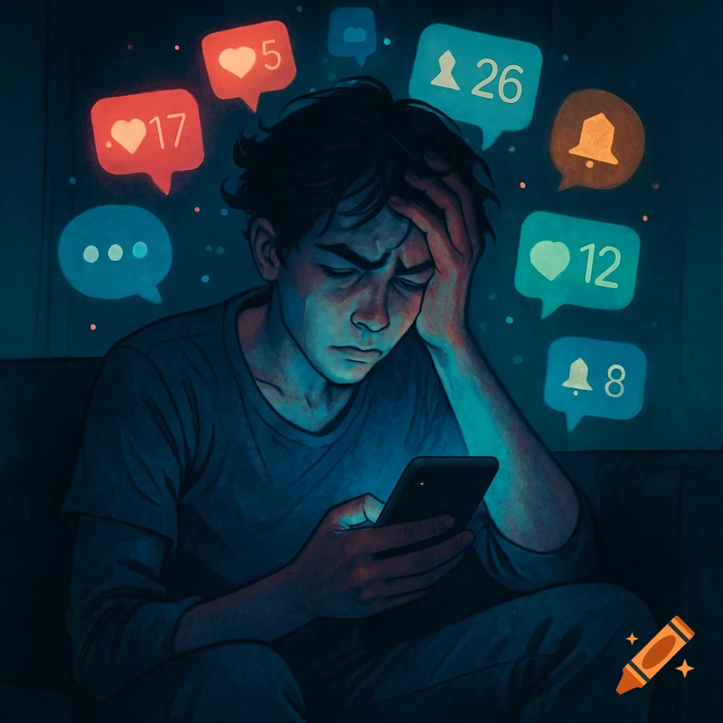 A person looks stressed while scrolling on a phone in a dark room, surrounded by various social media notification bubbles.