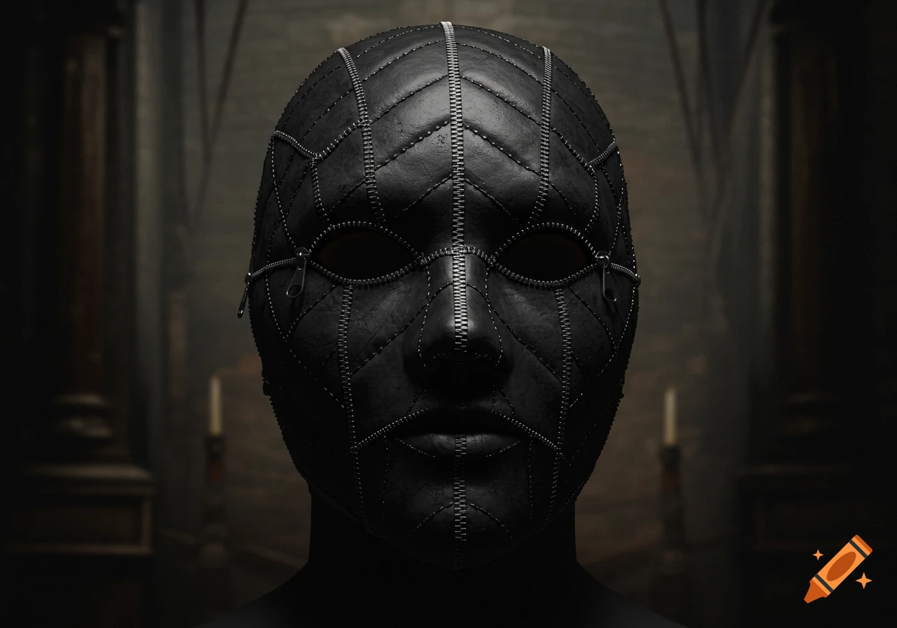 A detailed black leather mask made of quilted panels and zippers, featuring dark eyeholes, against a dimly lit gothic background.