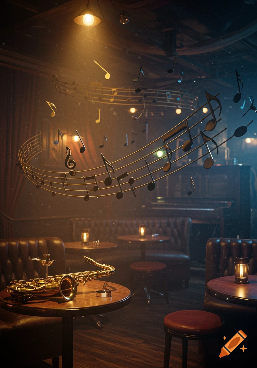 A dimly lit jazz club with a golden saxophone on a wooden table, and floating musical notes above. Warm light from a hanging lamp illuminates the scene, with cozy booths and tables in the background.