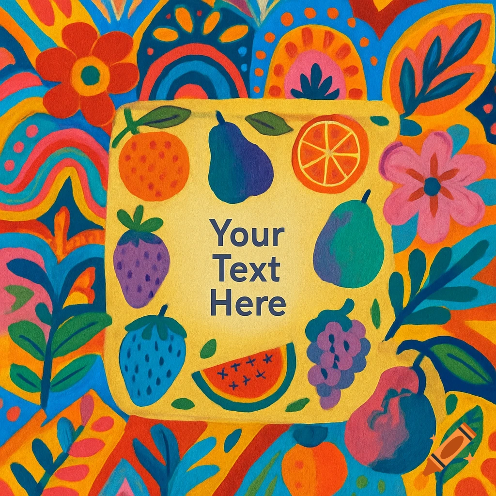 Colorful folk art painting with stylized fruits and flowers surrounding a central yellow text box with 'Your Text Here'.