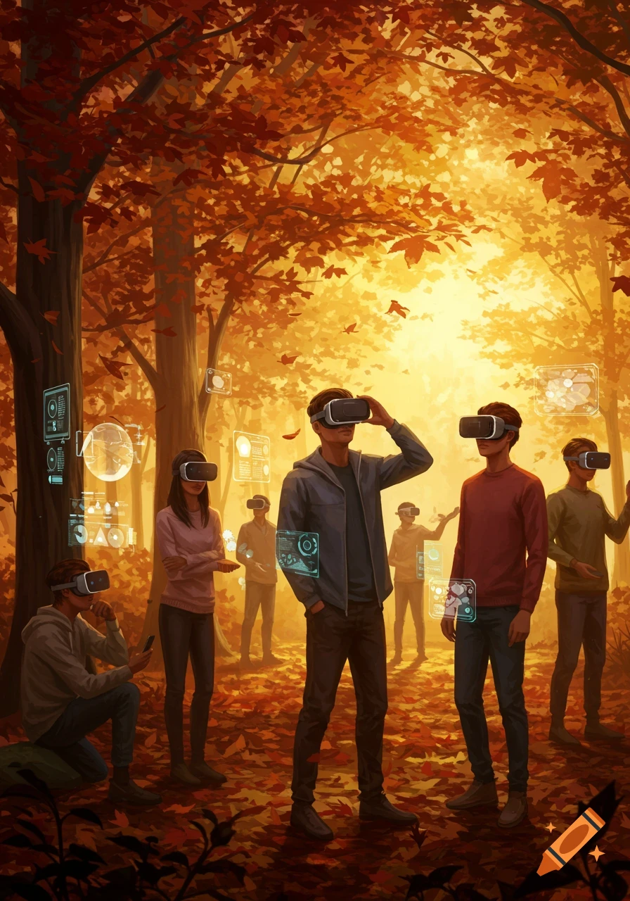 Illustrated digital art of people wearing VR headsets in an autumn forest with glowing leaves and virtual interfaces.