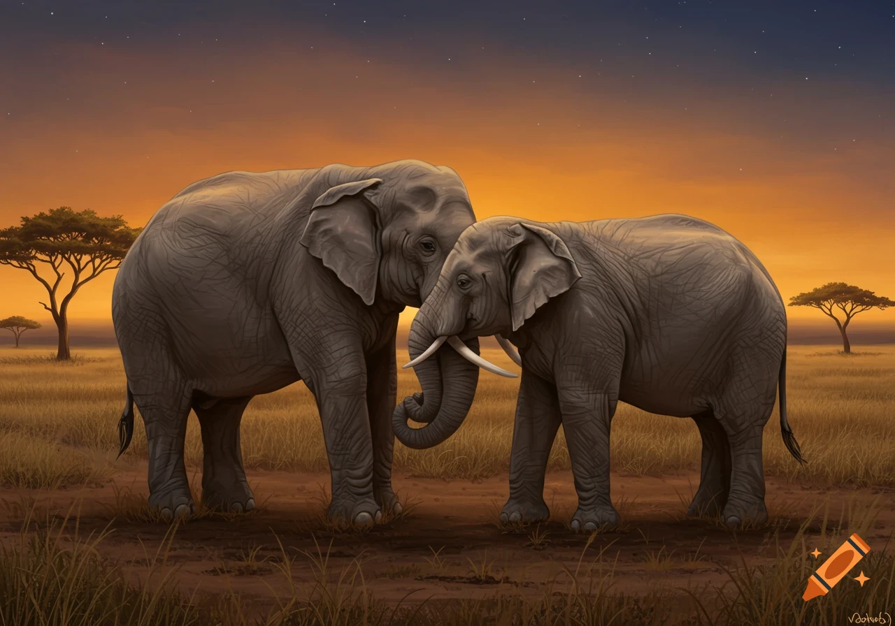 Two elephants affectionately nuzzling in a grassy African savanna under an orange and blue sunset sky, digital painting.