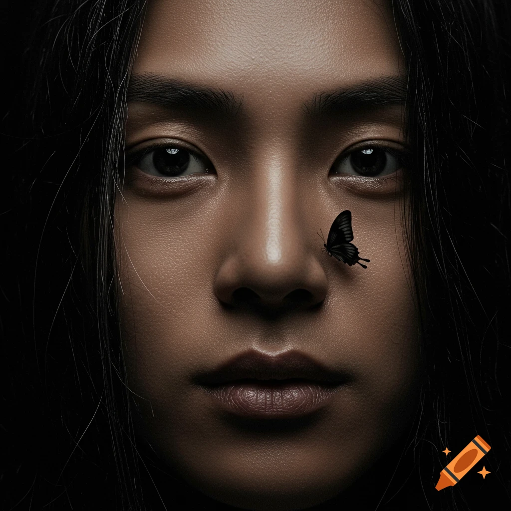 A close-up, ultra-realistic portrait of a person with dark hair and eyes, featuring a small black butterfly on their cheek.