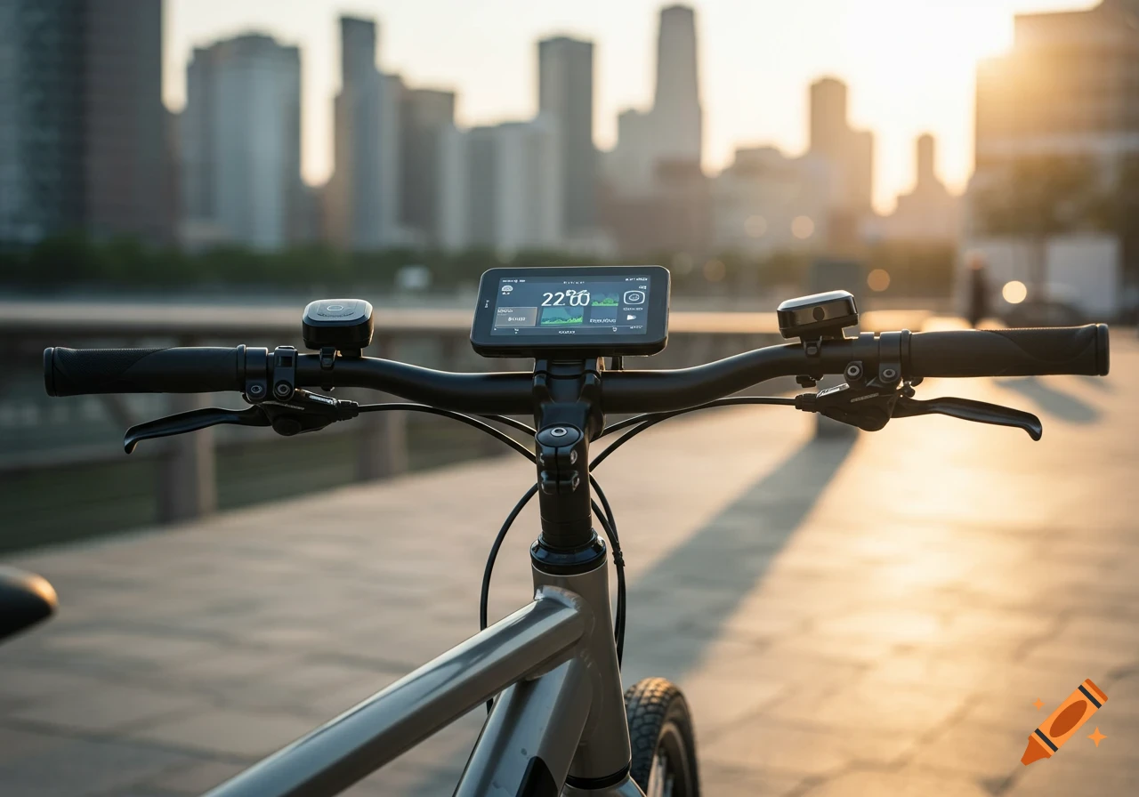 Close-up of a bicycle handlebar with a digital monitor displaying 22°C and other data, set against a blurred city skyline at sunset.