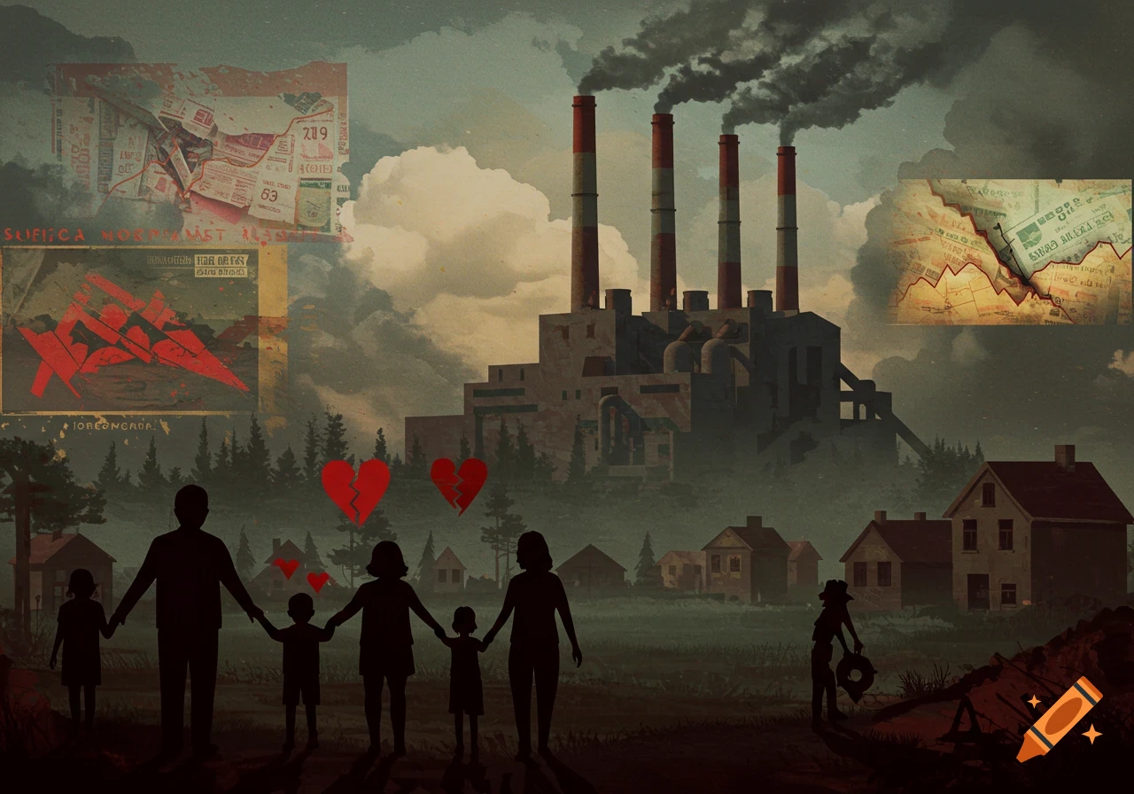 A somber, gritty illustration of an industrial factory spewing smoke, with silhouetted families walking in the foreground. Broken hearts and abstract financial charts are overlaid, conveying themes of emotional and financial distress.