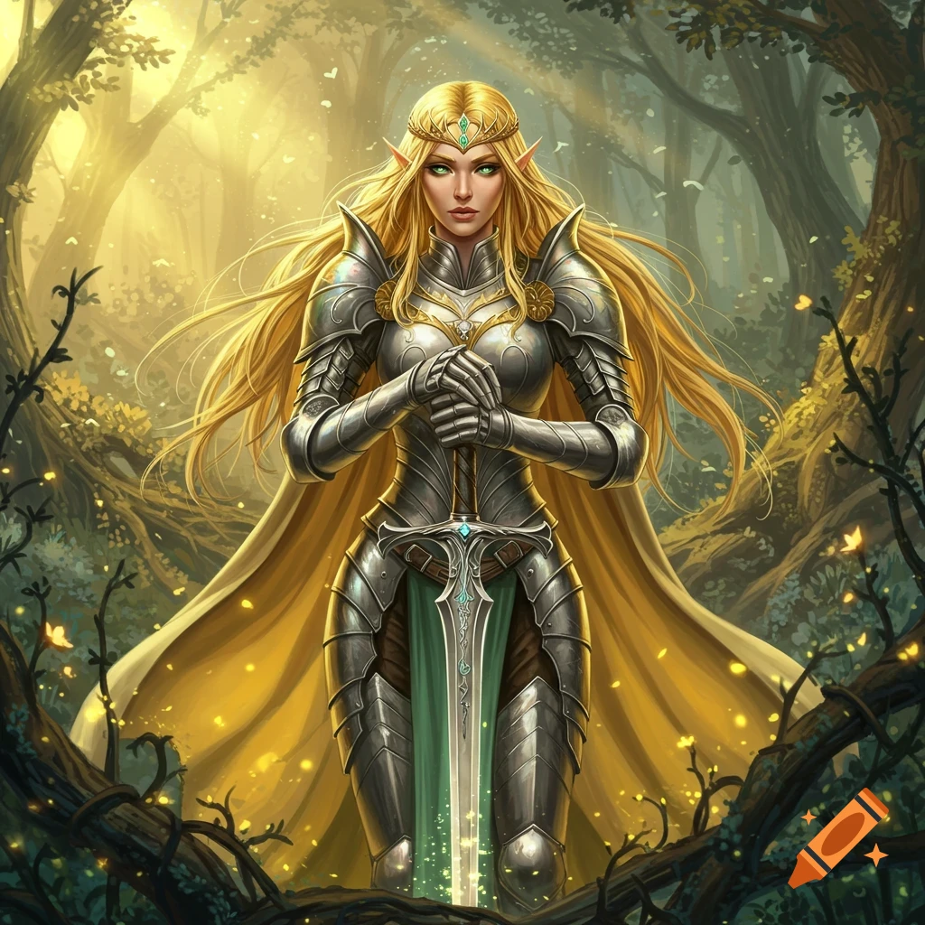 A blonde elven warrior princess in intricate silver armor holds a glowing sword, standing in a sun-dappled magical forest.