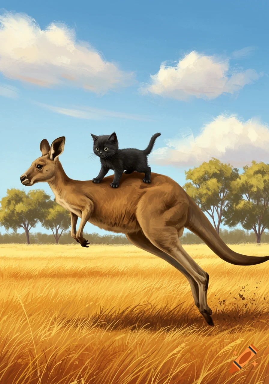 A black kitten rides a bounding kangaroo through a sunlit golden field with trees in the background, illustrated.