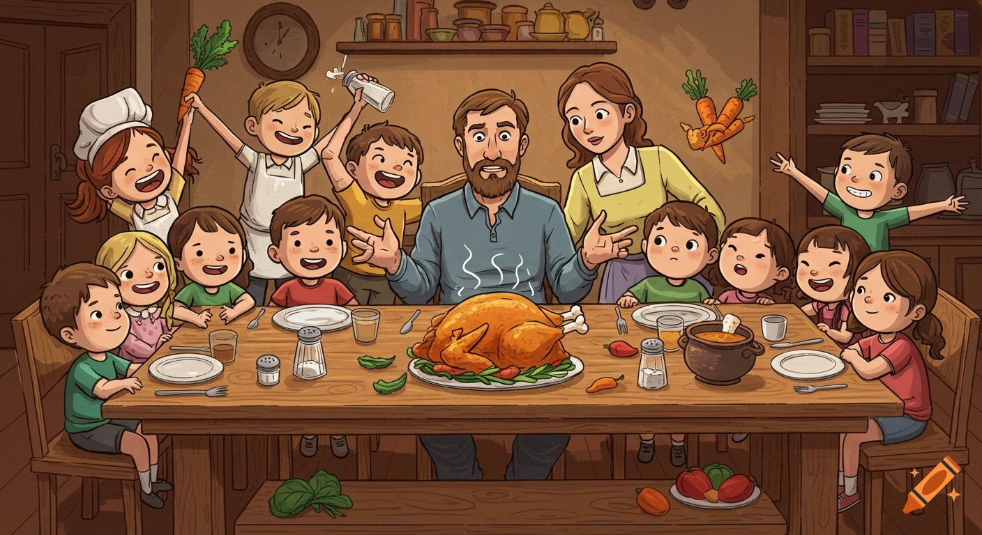 A cartoon family dinner with a father, mother, and ten playful children gathered around a long table with a roasted chicken.