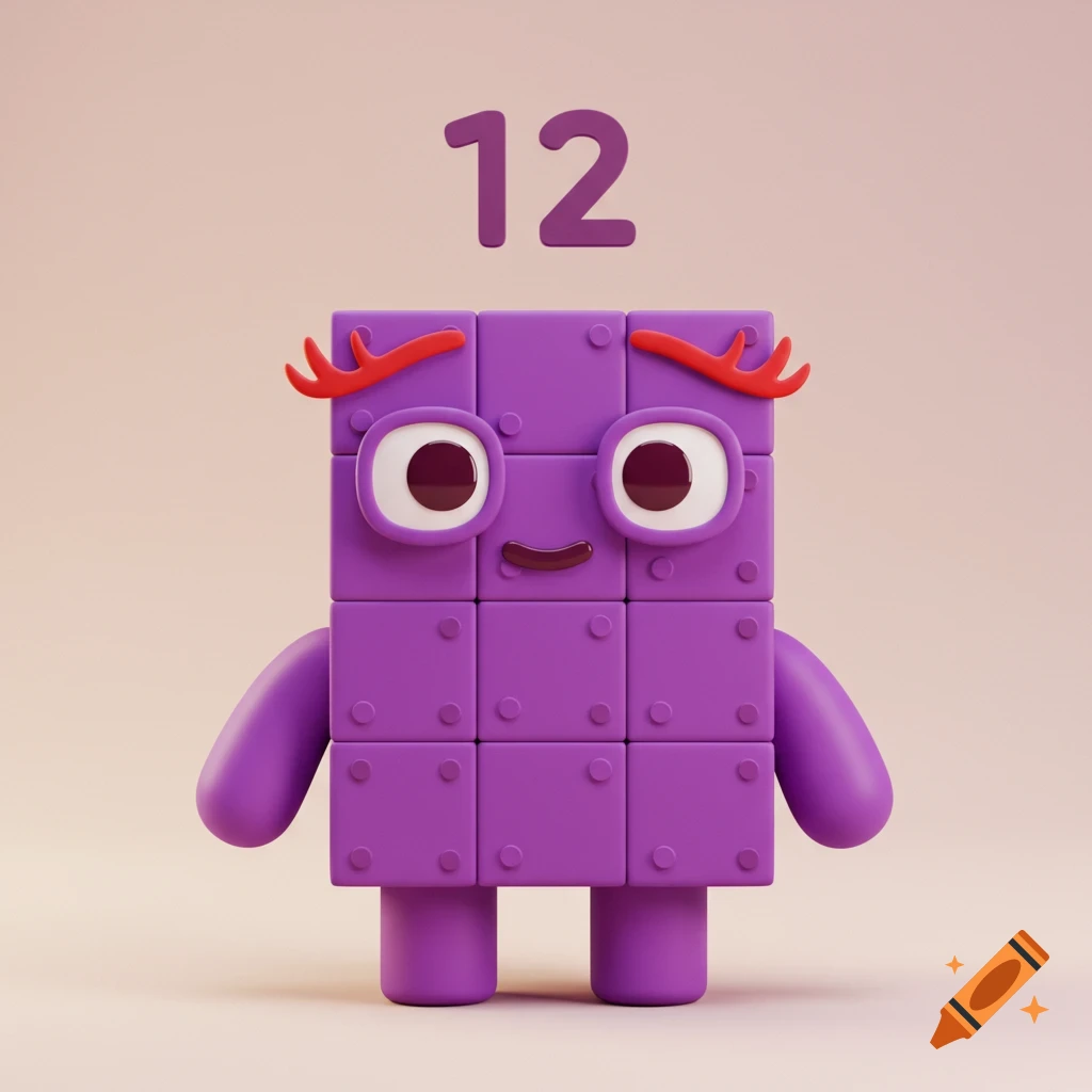 A purple, block-like cartoon character with red eyelashes and the number 12 floating above it, on a light pink background.