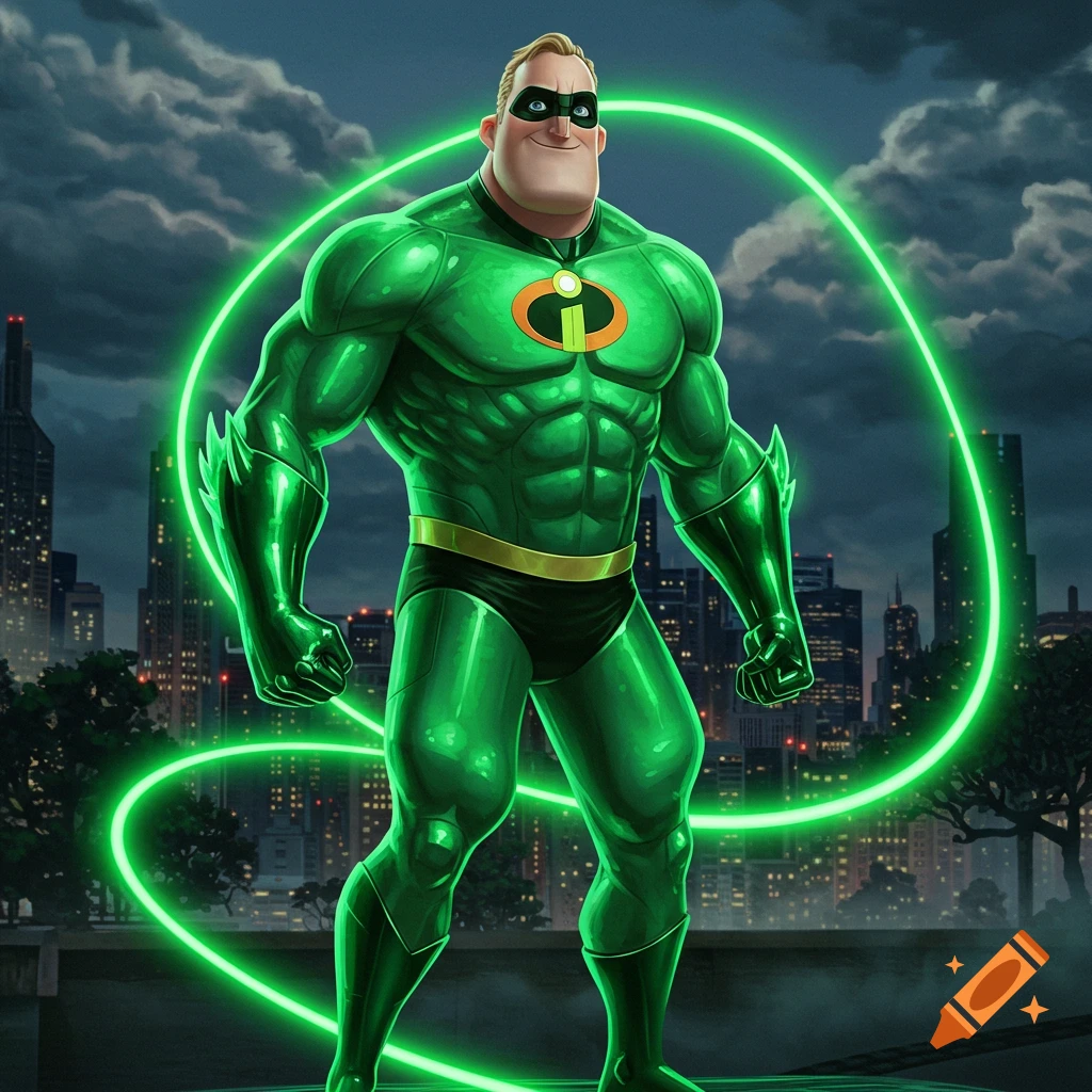Muscular Mr. Incredible in a shiny green superhero suit with a glowing 'i' logo stands in a dark cityscape surrounded by green energy.