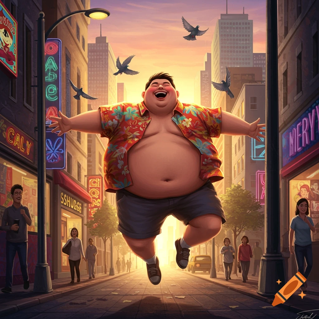 A cheerful, obese man in a Hawaiian shirt jumps in the air on a sunny cartoon city street with pigeons flying.