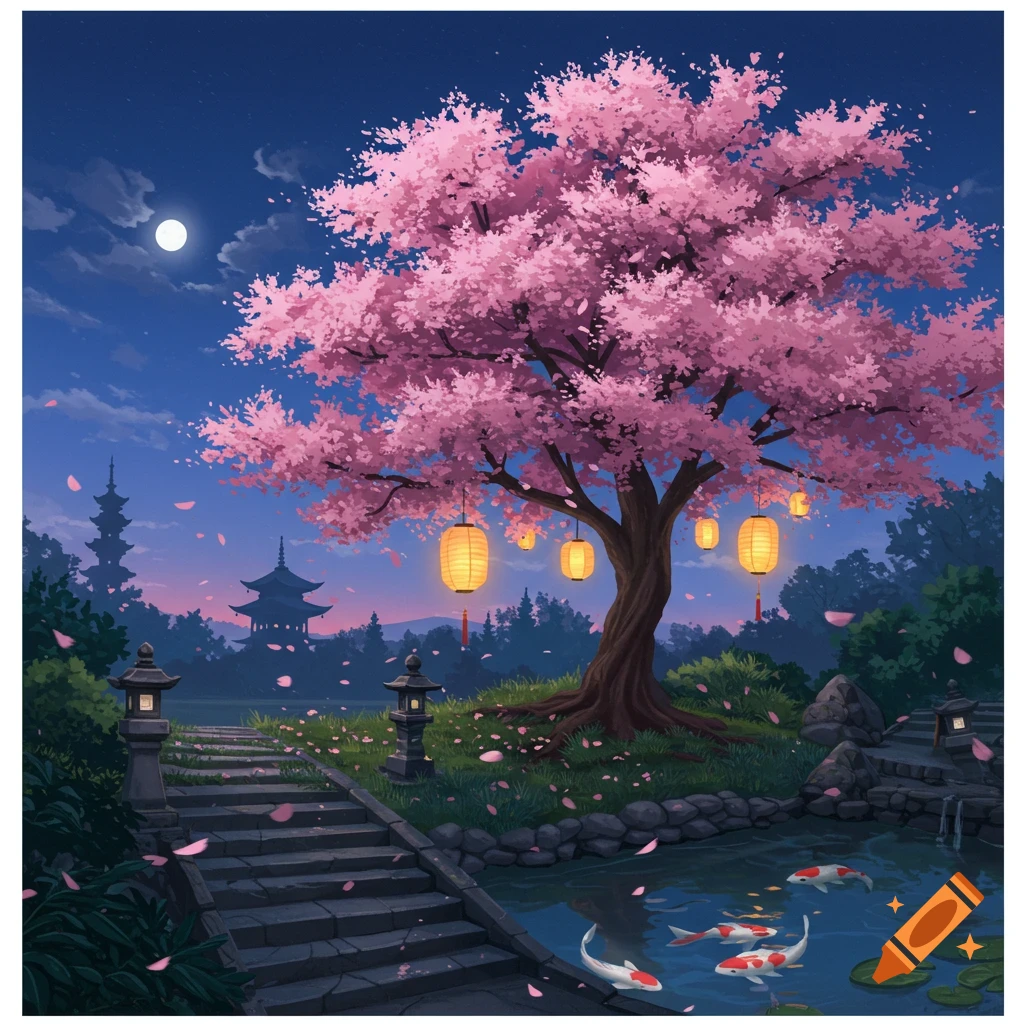 Anime-style Japanese garden at night with a large pink cherry blossom tree, hanging lanterns, pagodas, stone steps, and koi fish in a pond under a full moon.