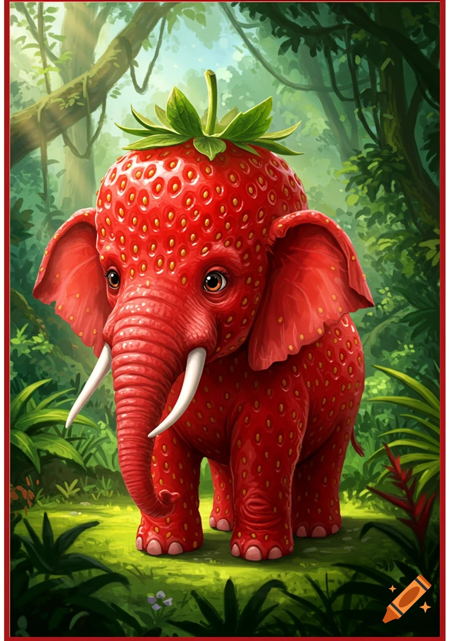 A cartoonish strawberry elephant with green leaves on its head stands in a vibrant jungle.
